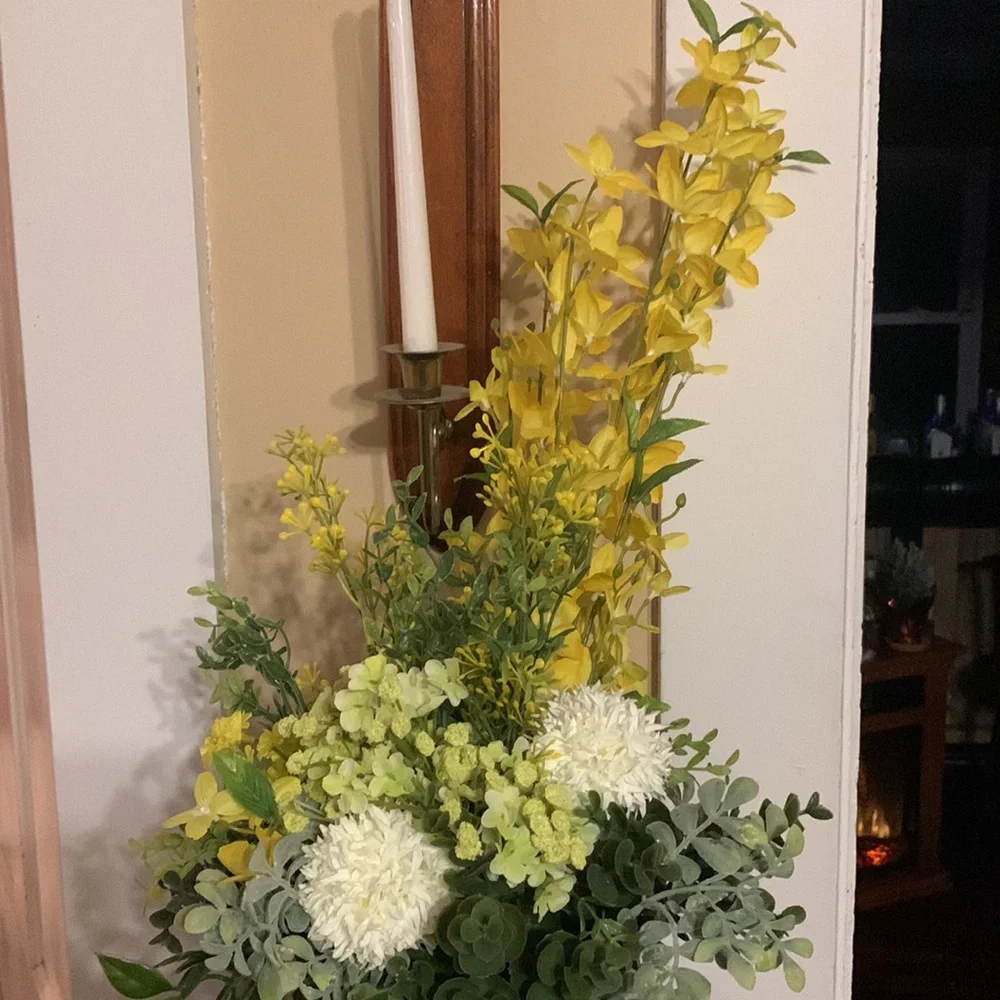 Hand Crafted- spring faux floral arrangement with accent vase